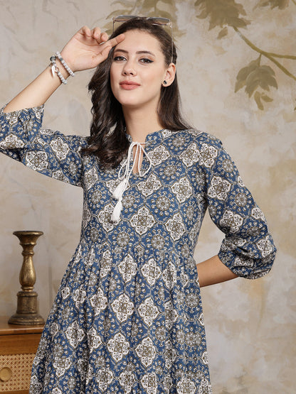 Ajrakh Printed Cotton Tiered Dress
