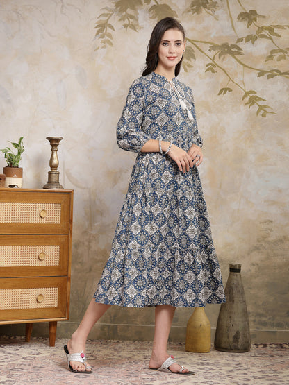 Ajrakh Printed Cotton Tiered Dress