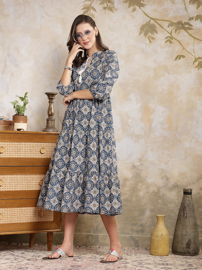 Ajrakh Printed Cotton Tiered Dress