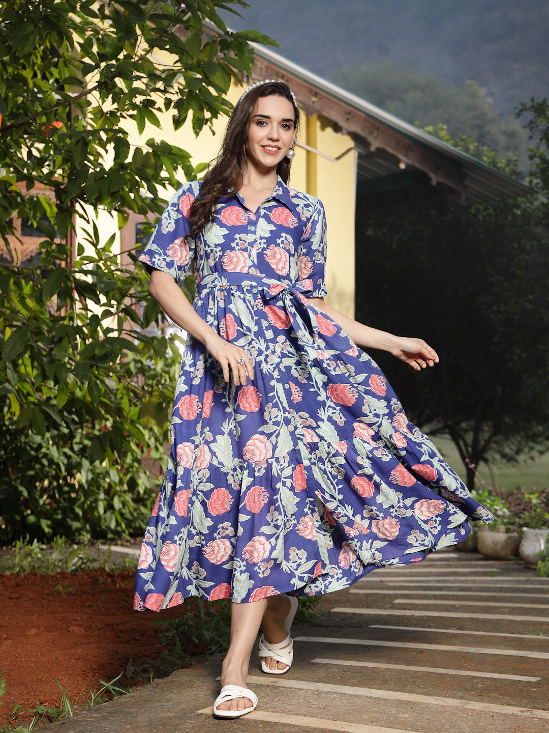 Blue Floral Printed Rayon Tiered Dress (Pre-Order)