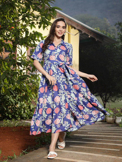Blue Floral Printed Rayon Tiered Dress (Pre-Order)