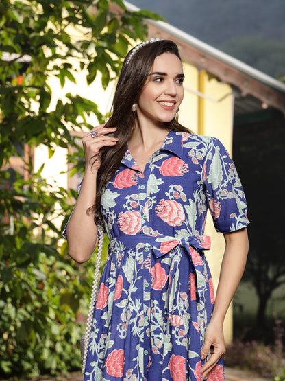 Blue Floral Printed Rayon Tiered Dress