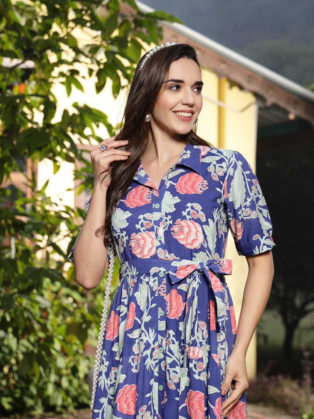 Blue Floral Printed Rayon Tiered Dress (Pre-Order)