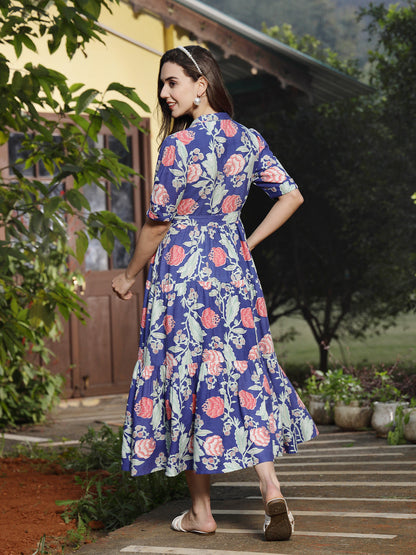 Blue Floral Printed Rayon Tiered Dress (Pre-Order)