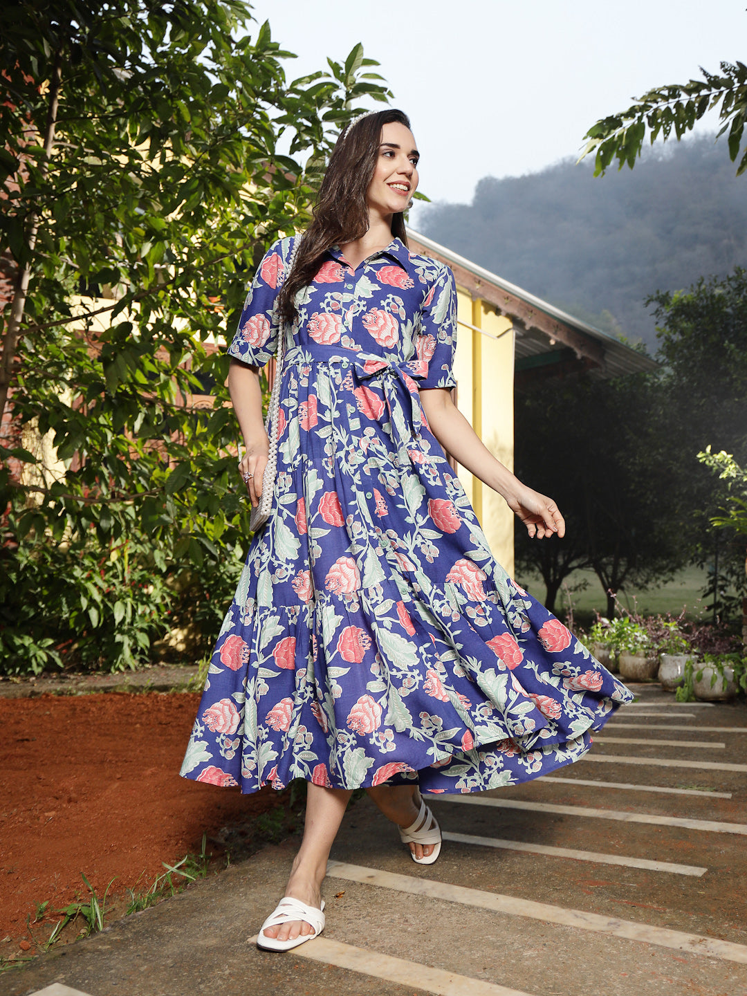 Blue Floral Printed Rayon Tiered Dress (Pre-Order)