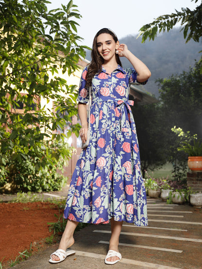 Blue Floral Printed Rayon Tiered Dress (Pre-Order)