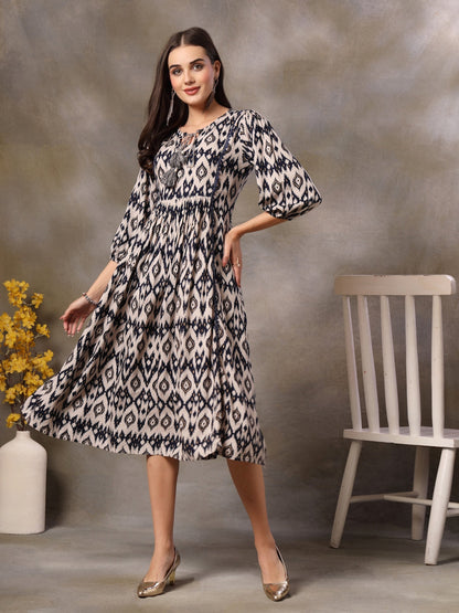 Blue Ikkat Printed Rayon Flared Dress (Pre-Order)