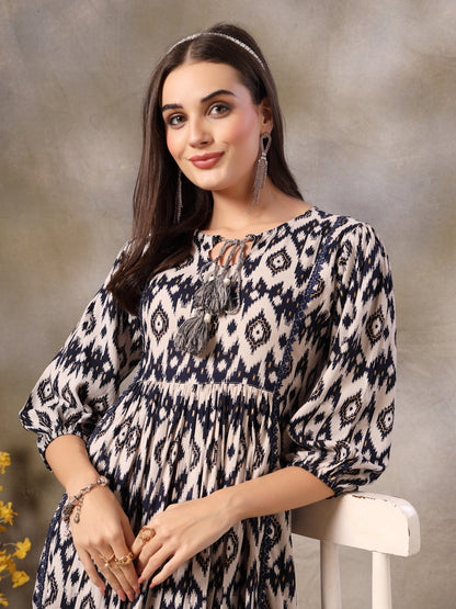 Blue Ikkat Printed Rayon Flared Dress (Pre-Order)