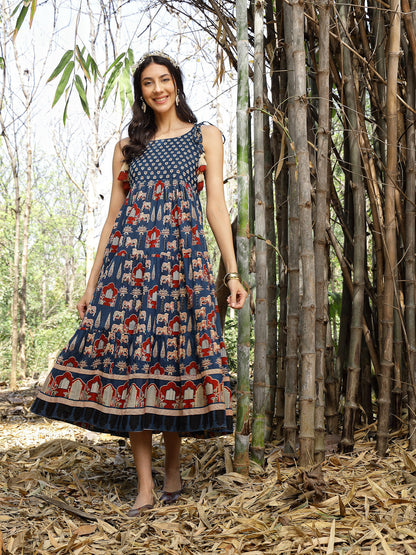Blue Ethnic Printed Cotton Tiered Dress (Pre-Order)