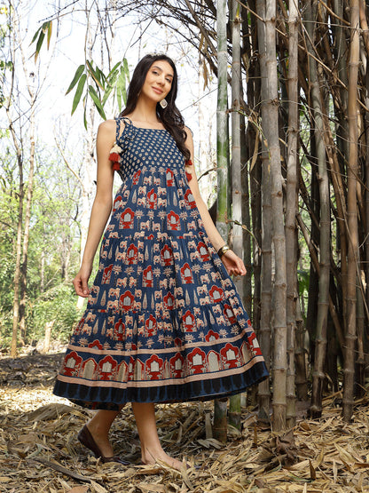 Blue Ethnic Printed Cotton Tiered Dress (Pre-Order)
