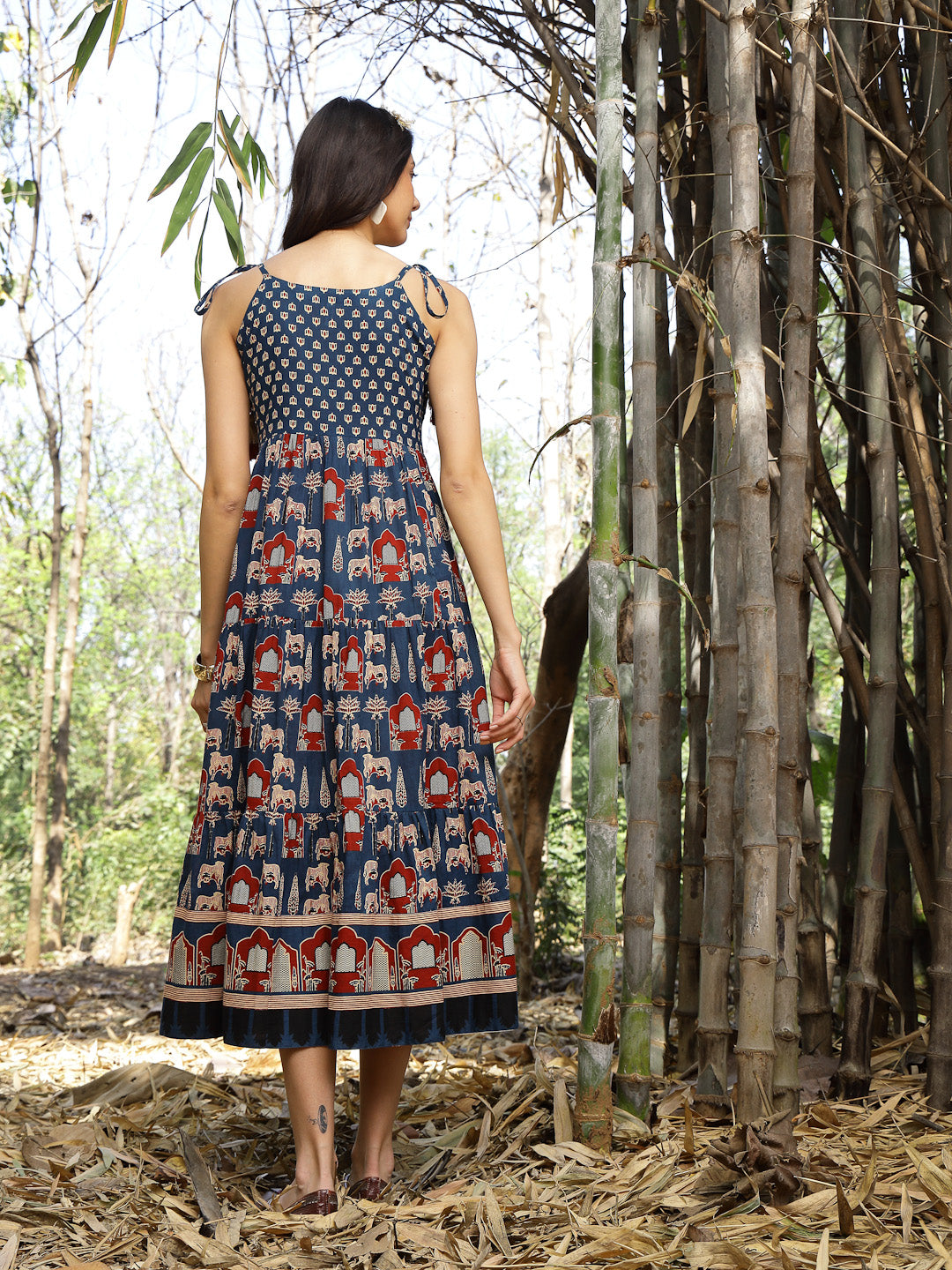 Blue Ethnic Printed Cotton Tiered Dress (Pre-Order)