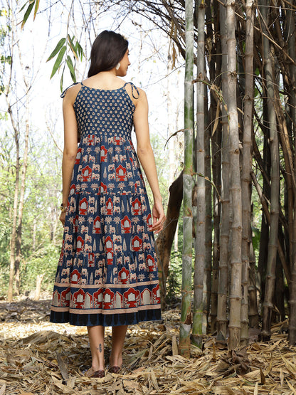 Blue Ethnic Printed Cotton Tiered Dress (Pre-Order)