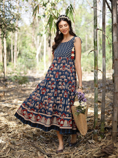 Blue Ethnic Printed Cotton Tiered Dress