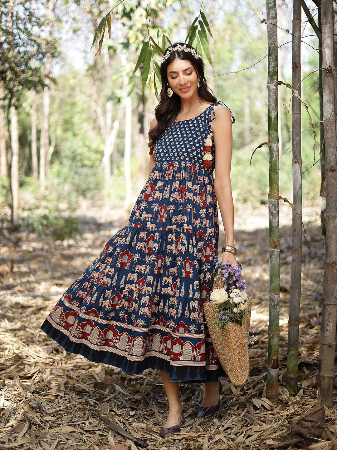 Blue Ethnic Printed Cotton Tiered Dress (Pre-Order)