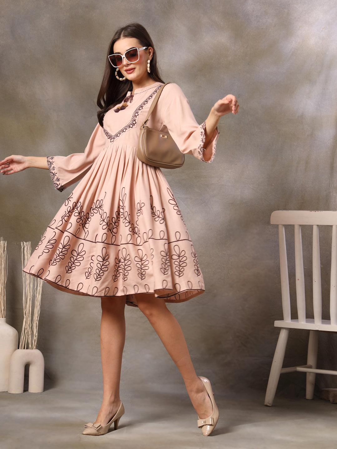 Blush Botanical Printed Rayon Flared Dress (Pre-Order)