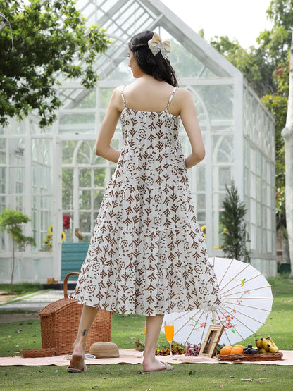 Brown Printed Cotton Flared Dress (Pre-Order)