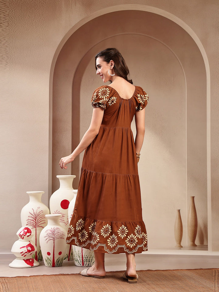 Brown Solid Rayon Tiered Dress