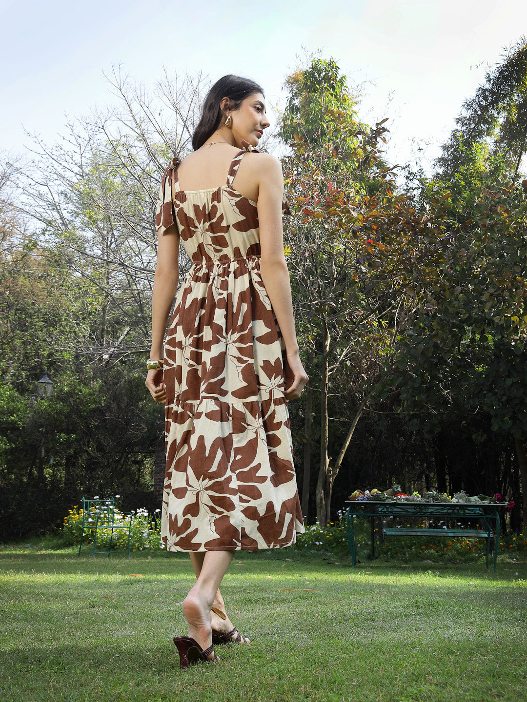 Brown Floral Printed Cotton A-Line Dress (Pre-Order)