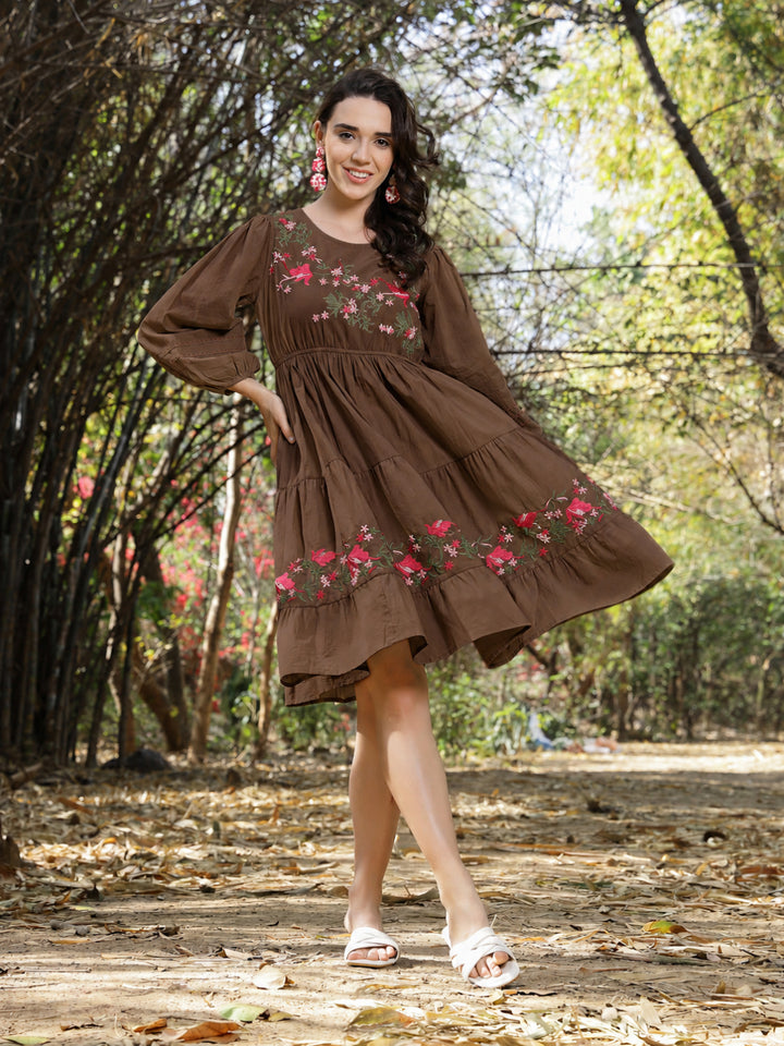 Solid &amp; Embroidered Cotton Tiered Dress