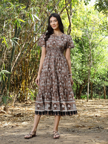 Brown Ethnic Printed Cotton Tiered Dress