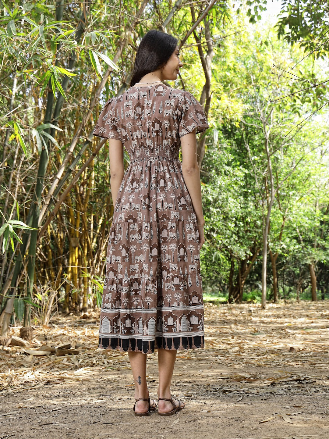 Brown Ethnic Printed Cotton Tiered Dress