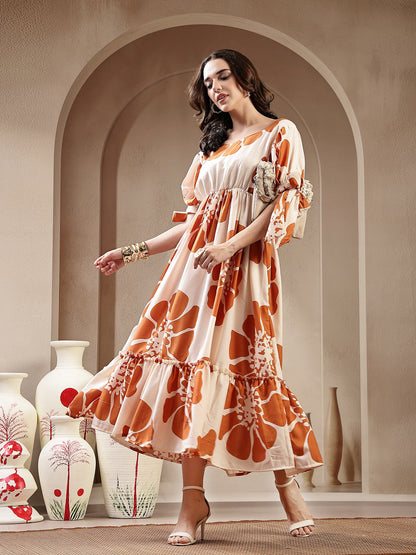 Brown Floral Printed Rayon Tiered Dress