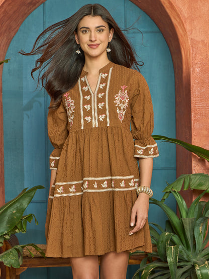 Woven Embroidered Cotton Dobby Tiered Dress