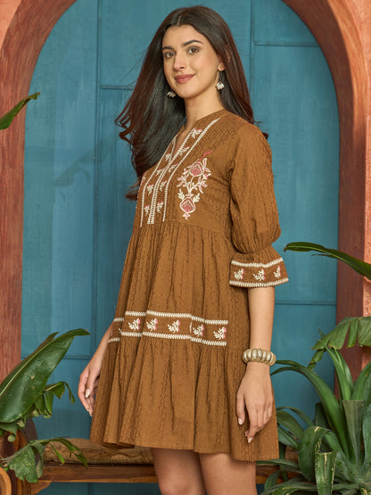 Woven Embroidered Cotton Dobby Tiered Dress
