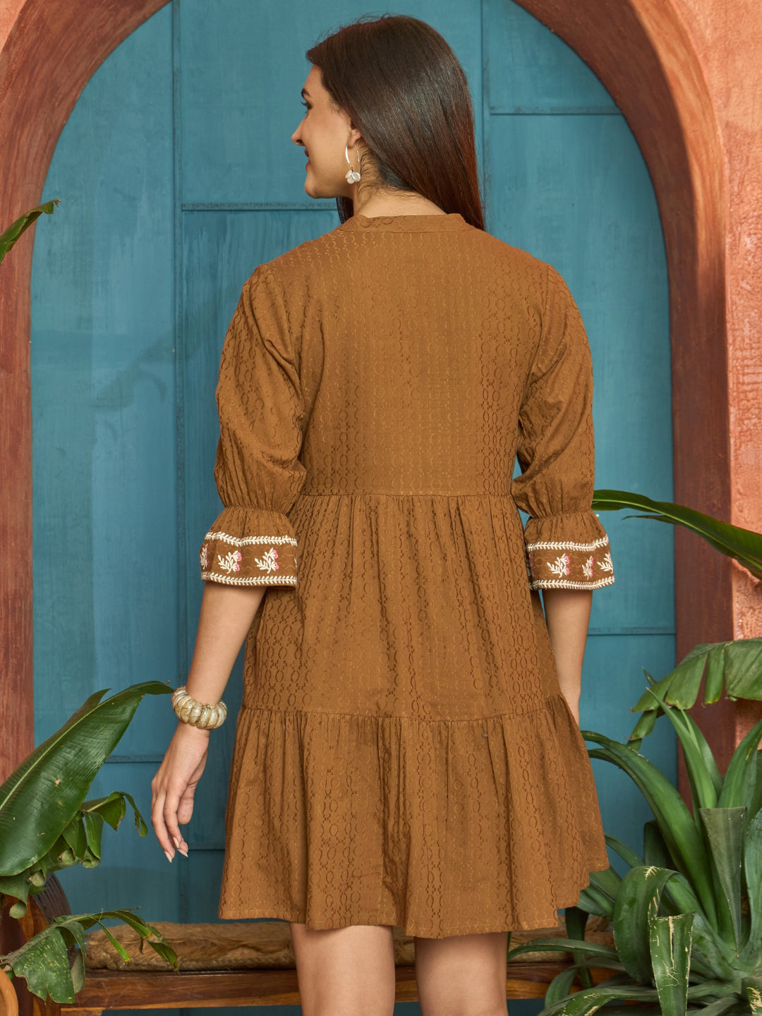 Woven Embroidered Cotton Dobby Tiered Dress
