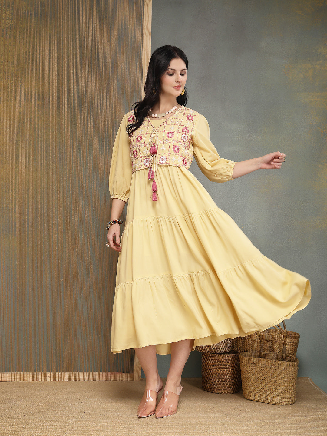 Solid &amp; Embroidered Rayon Tiered Dress With Jacket