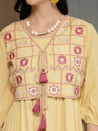 Solid & Embroidered Rayon Tiered Dress With Jacket