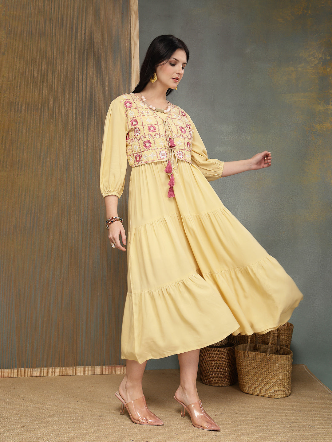 Solid &amp; Embroidered Rayon Tiered Dress With Jacket