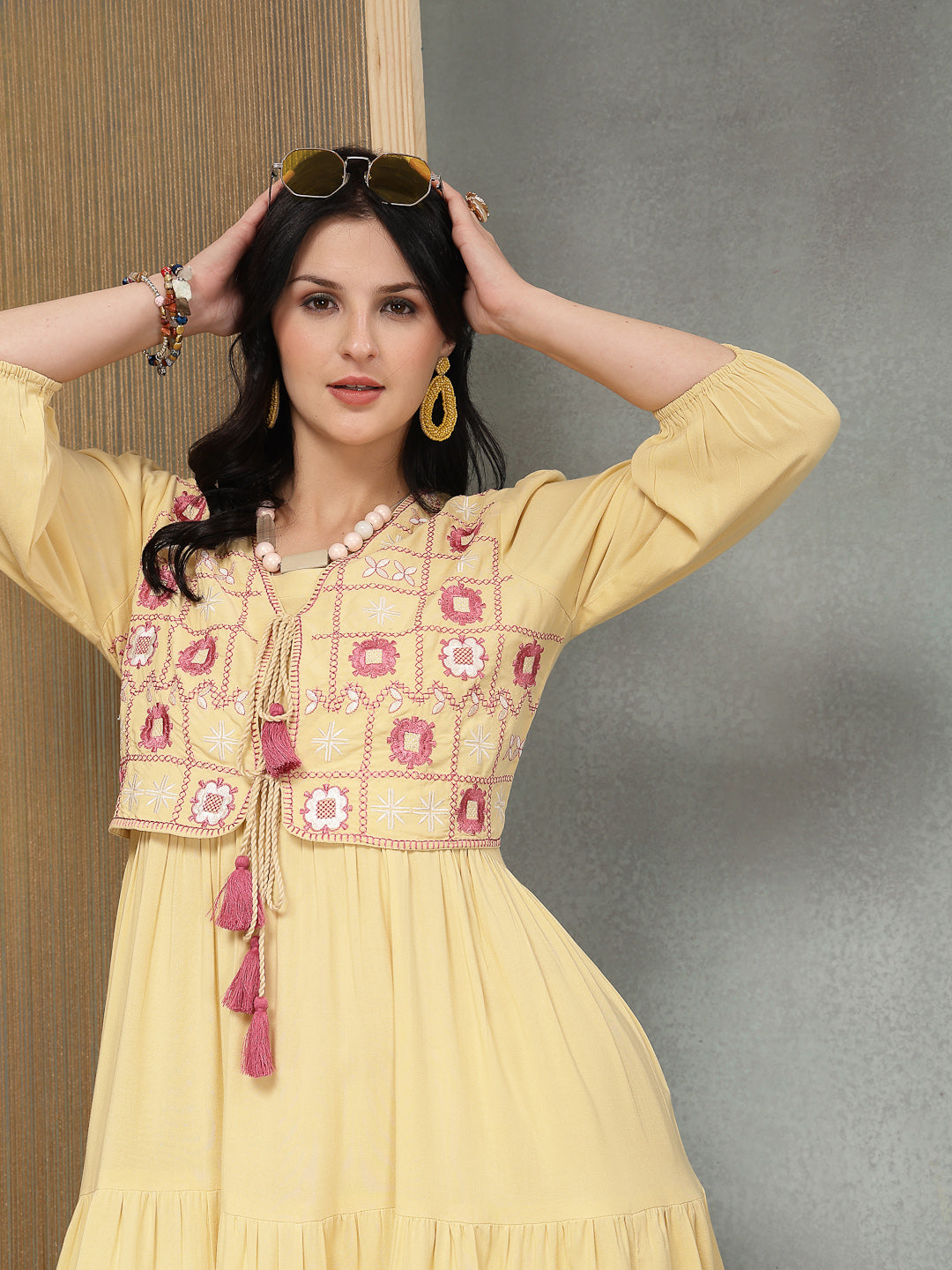 Solid &amp; Embroidered Rayon Tiered Dress With Jacket