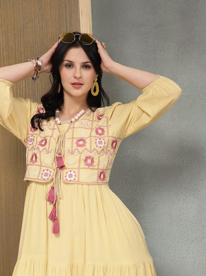Solid & Embroidered Rayon Tiered Dress With Jacket