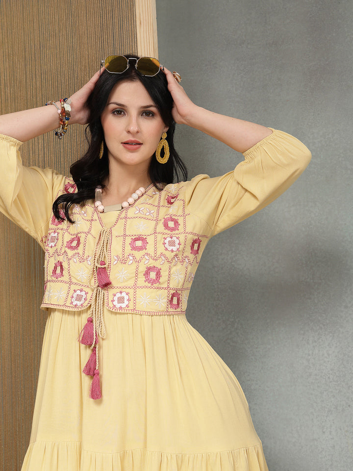 Solid &amp; Embroidered Rayon Tiered Dress With Jacket