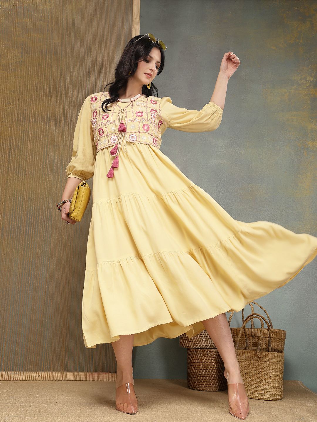 Solid &amp; Embroidered Rayon Tiered Dress With Jacket