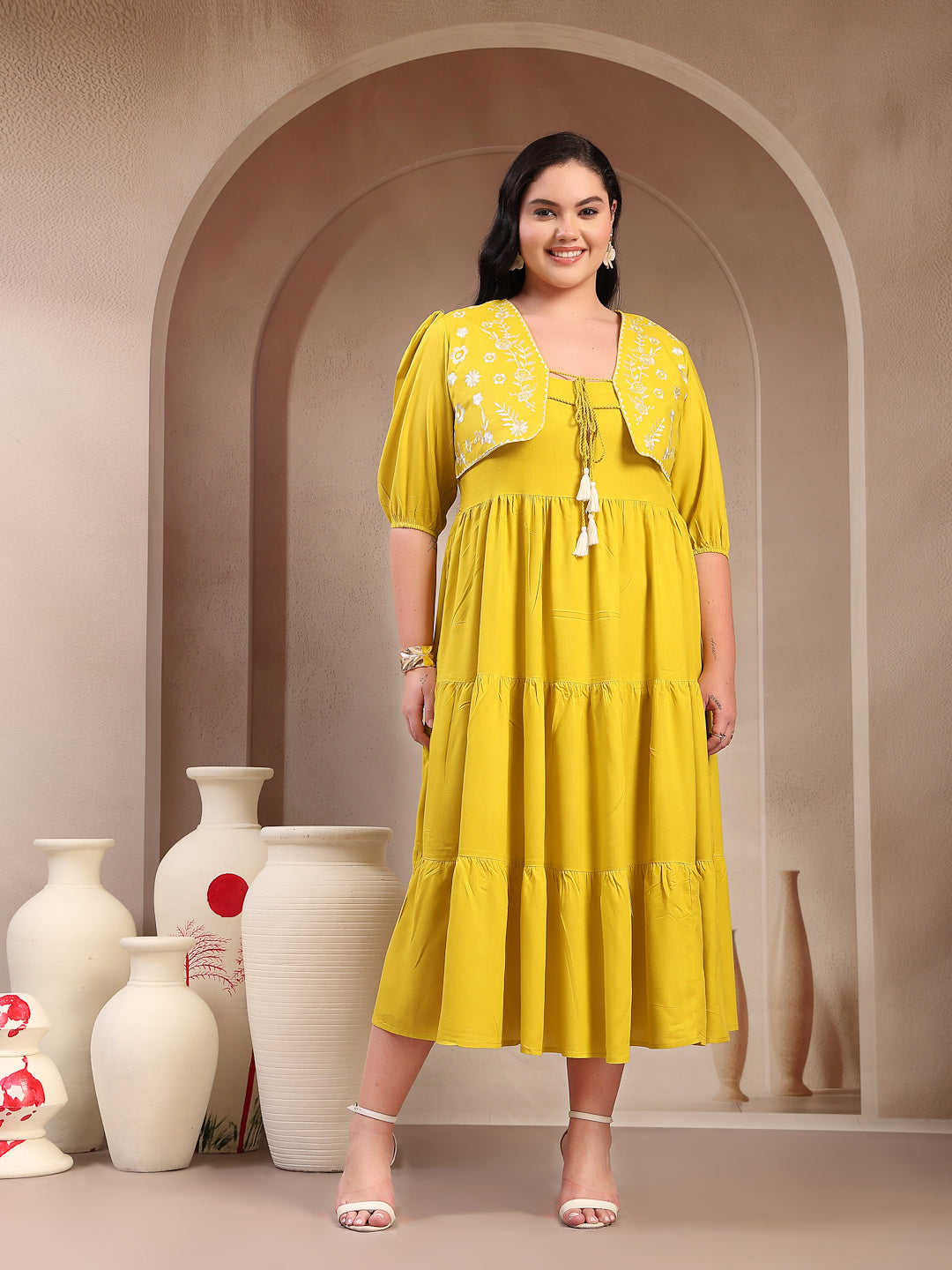 Plus Size Corn Solid & Embroidered Rayon Tiered Dress with Jacket