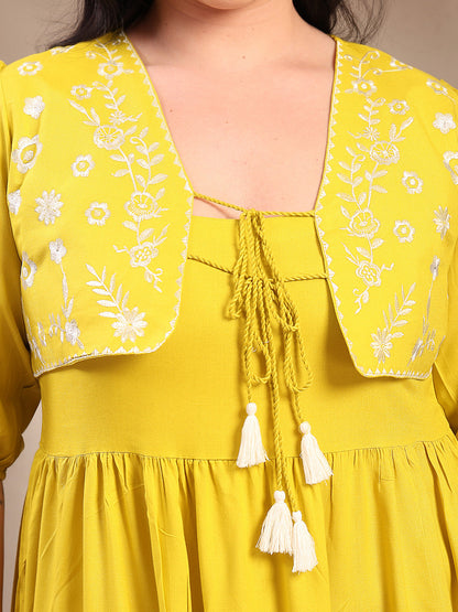 Plus Size Corn Solid & Embroidered Rayon Tiered Dress with Jacket