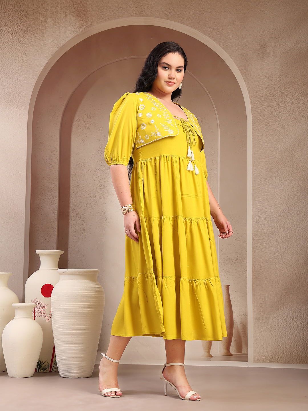 Plus Size Corn Solid & Embroidered Rayon Tiered Dress with Jacket