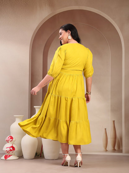 Plus Size Corn Solid & Embroidered Rayon Tiered Dress with Jacket