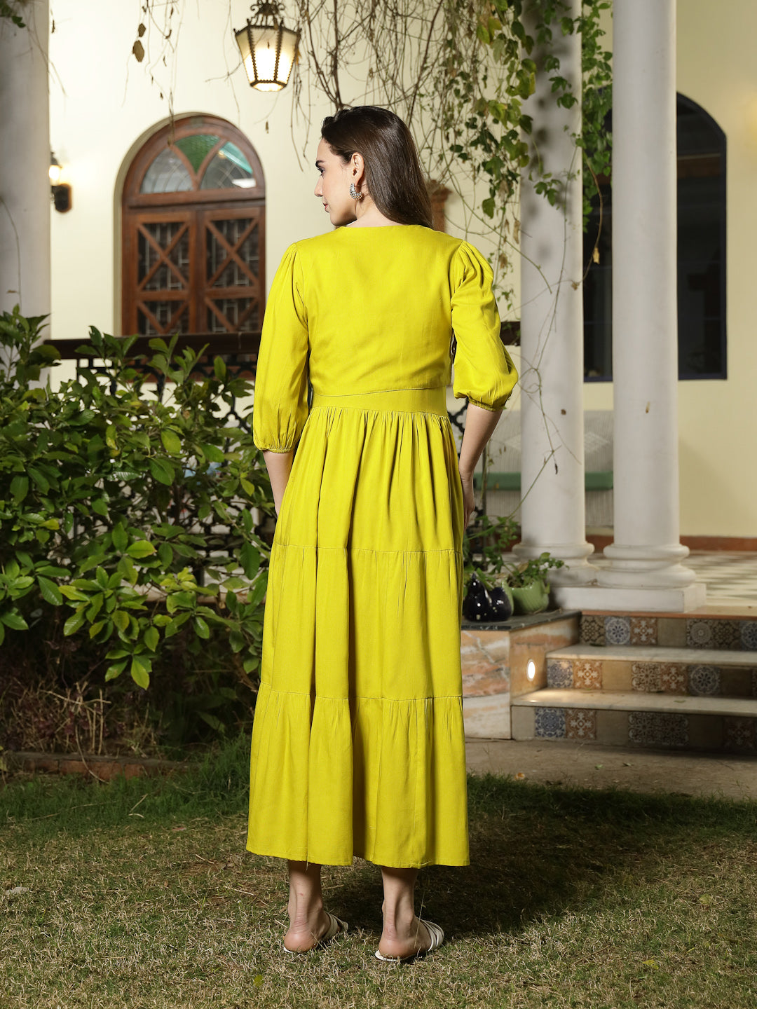 Corn Solid &amp; Embroidered Rayon Tiered Dress with Jacket