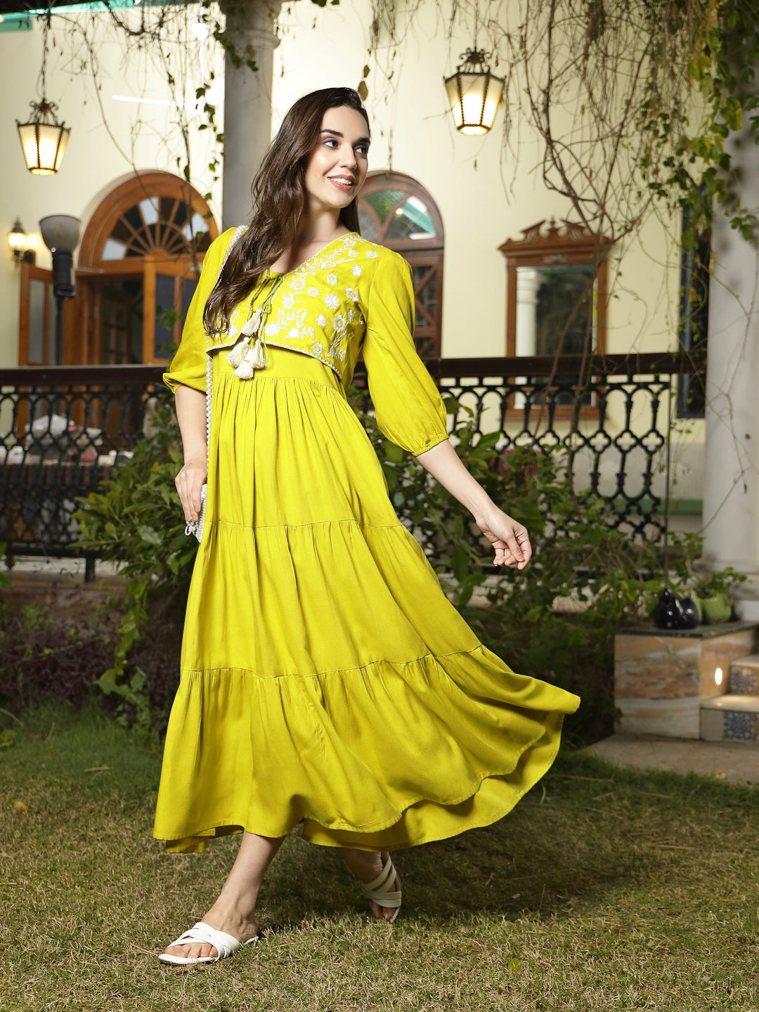 Corn Solid &amp; Embroidered Rayon Tiered Dress with Jacket