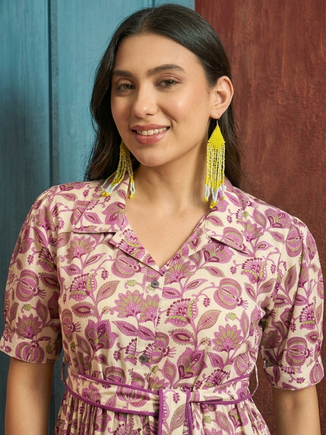 Floral Printed Cotton Flared Dress