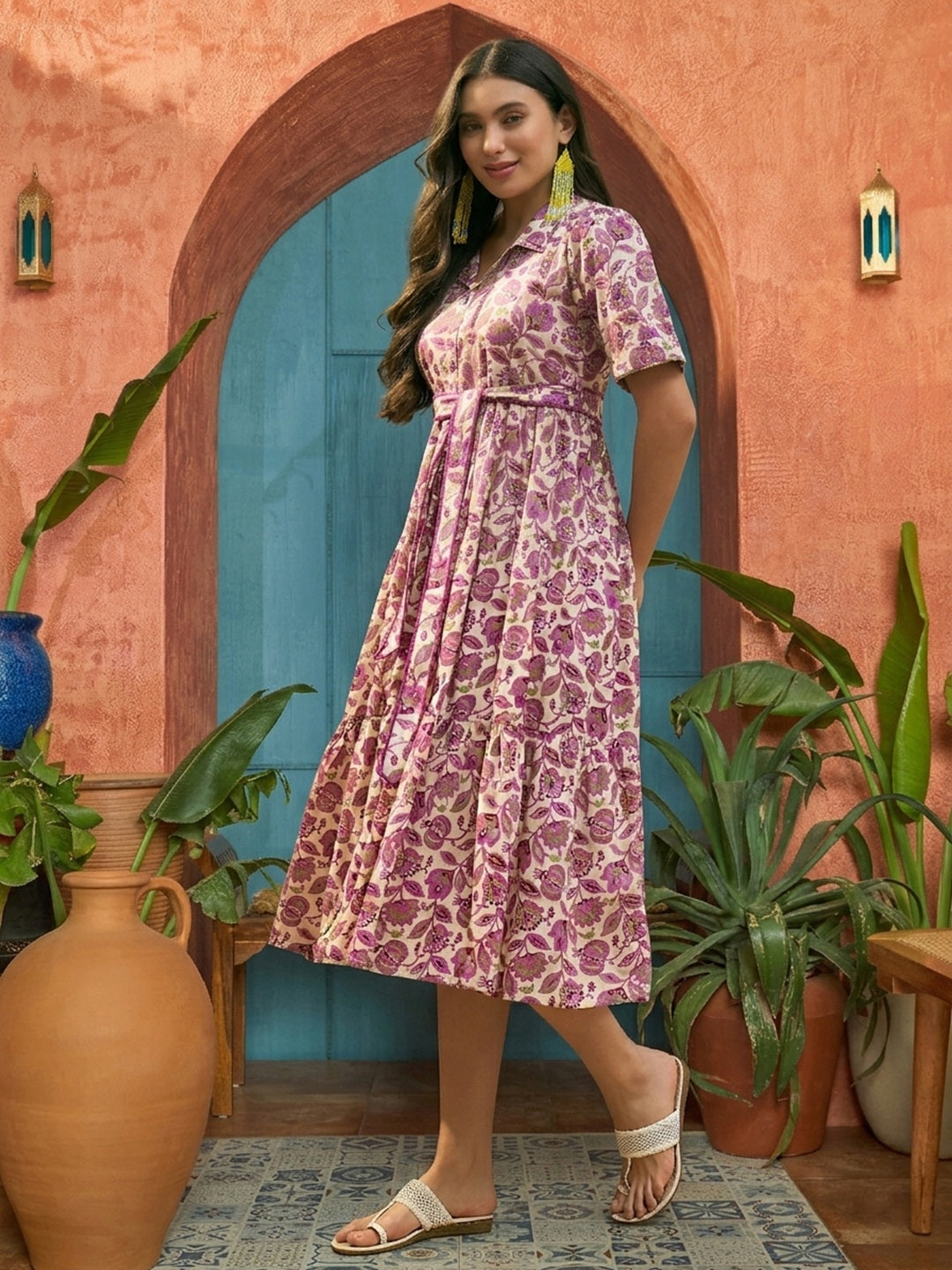Floral Printed Cotton Flared Dress