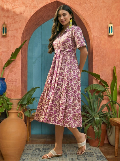 Floral Printed Cotton Flared Dress
