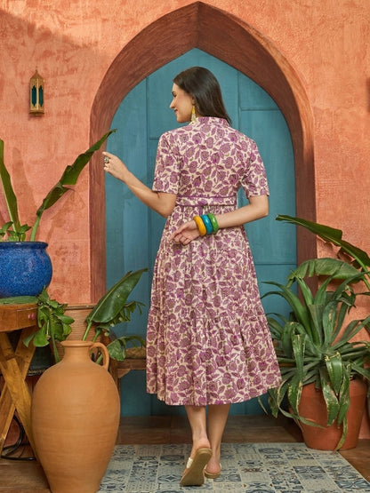 Floral Printed Cotton Flared Dress