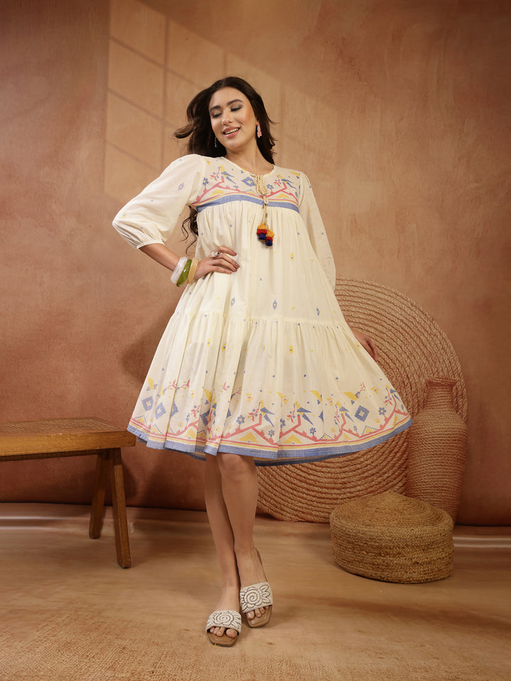Solid &amp; Embroidered Cotton Tiered Dress