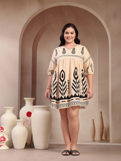 Plus Size Off White Printed Rayon Flared Dress