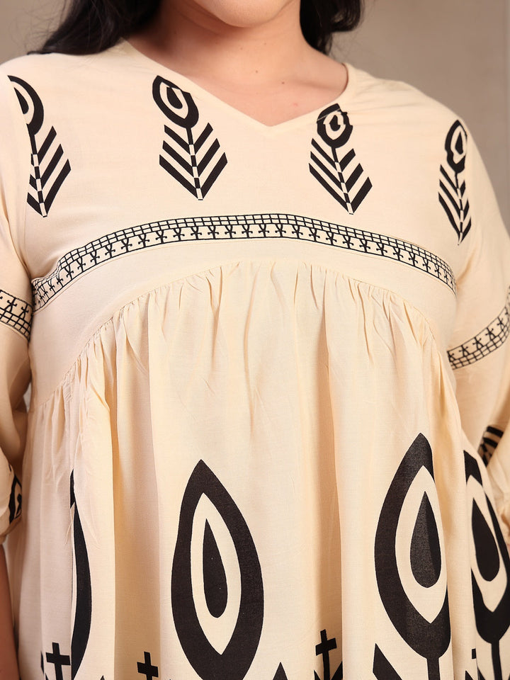 Plus Size Off White Printed Rayon Flared Dress