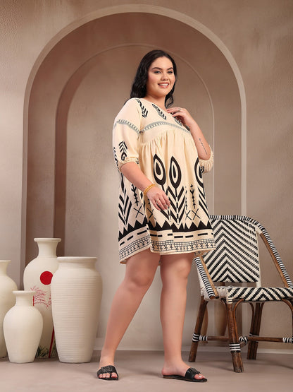Plus Size Off White Printed Rayon Flared Dress